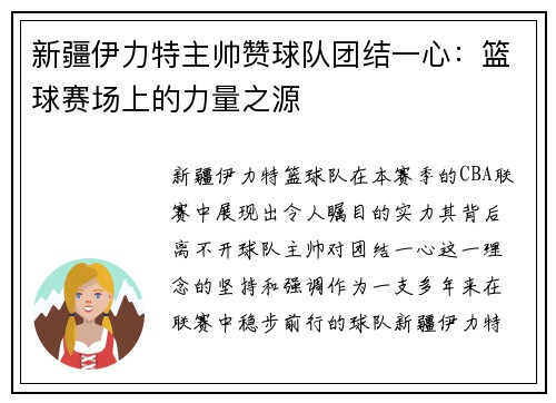 新疆伊力特主帅赞球队团结一心：篮球赛场上的力量之源