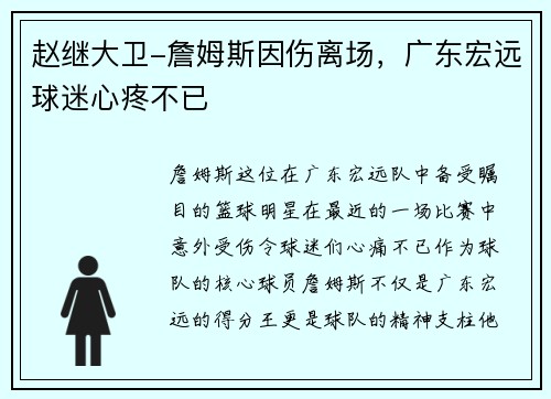 赵继大卫-詹姆斯因伤离场，广东宏远球迷心疼不已